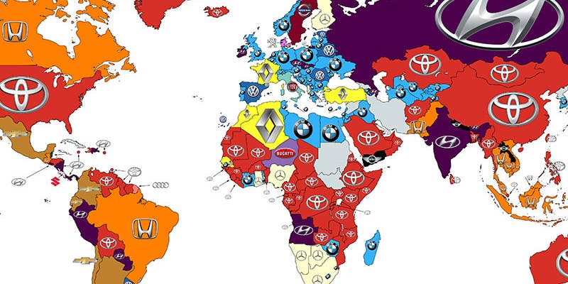 这张地图显示了2016年各国谷歌搜索次数最多的汽车品牌