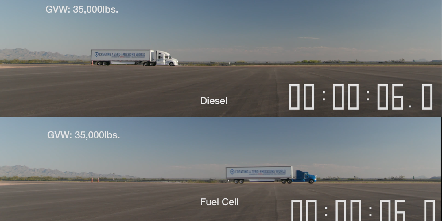 观看丰田氢动力卡车与柴油半挂车的加速赛