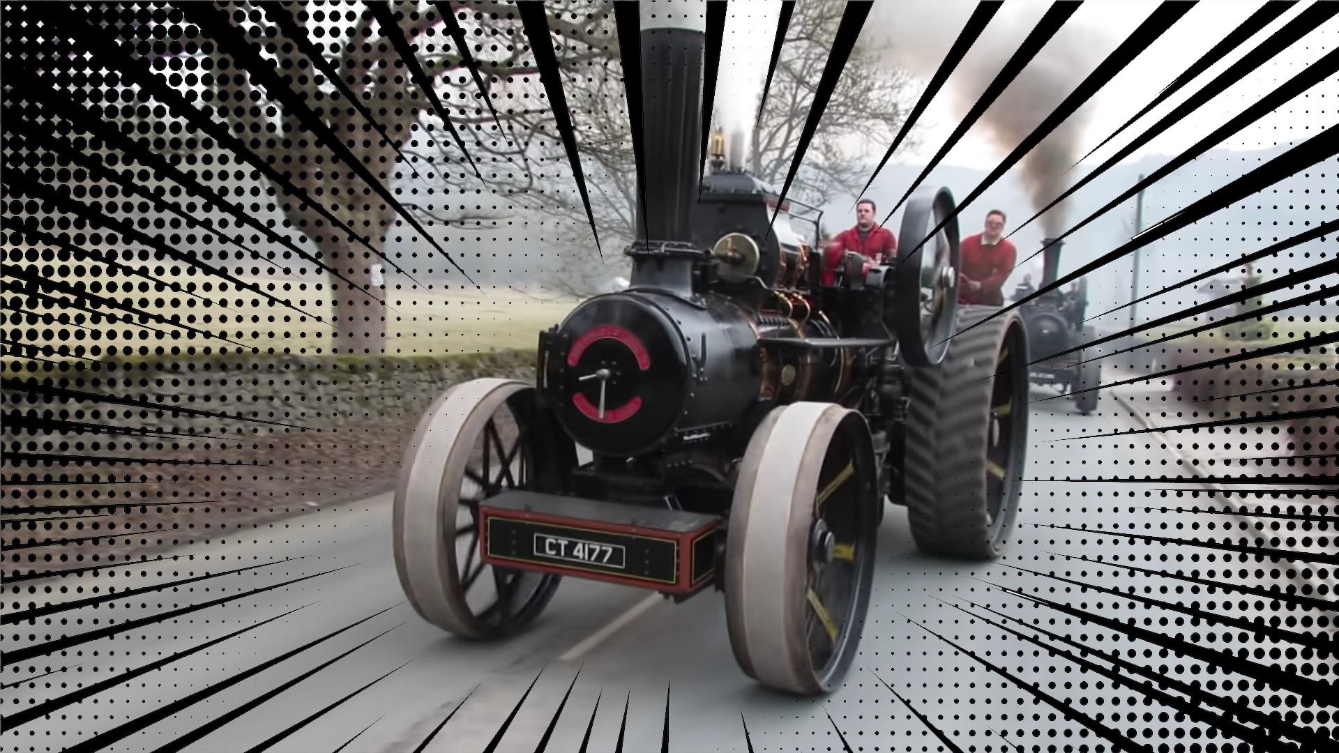 蒸汽拖拉机换车道在英国农村,以anime-inspired速度线覆盖了喜剧效果