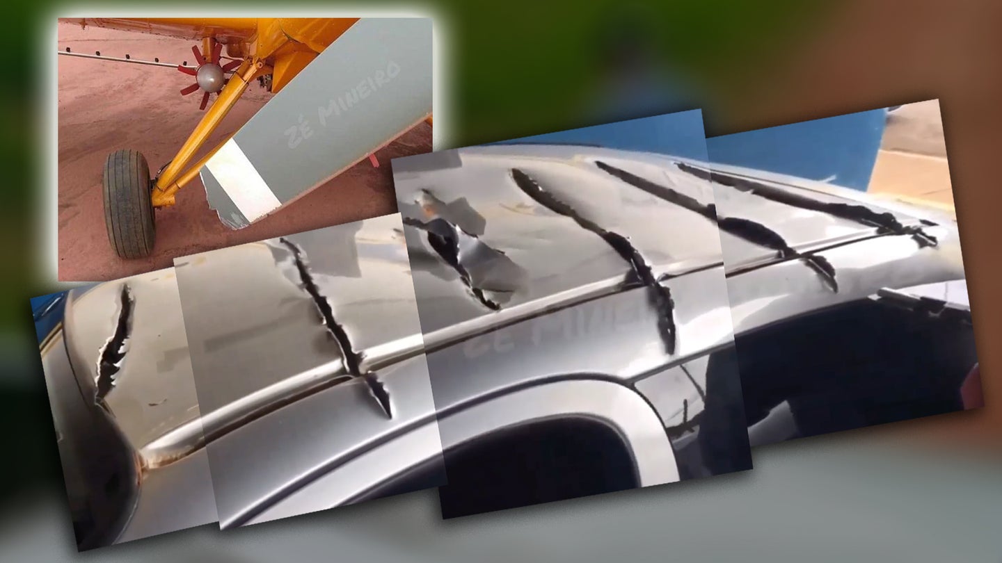 在巴西，低空飞行的螺旋桨飞机划破了汽车车顶