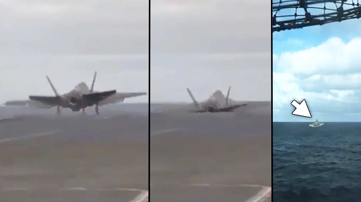 这架F-35C在进行低功率弹射后下沉到海浪上方，代码为棕色